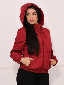 Women's Plain Windbreaker Jacket Waterproof Cold Weather Dry Fit Windbreaker Top Water Resistant Hooded Lined - 酒紅色 - 查看 4