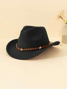 1pc Unisex Children Star Leather Decor Canvas Cowboy Hat, Western Style Retro Cap, 4 Season Accessory With Detachable Cord, Suitable For Casual, Outdoor, Party - Star Leather Brown - View 9