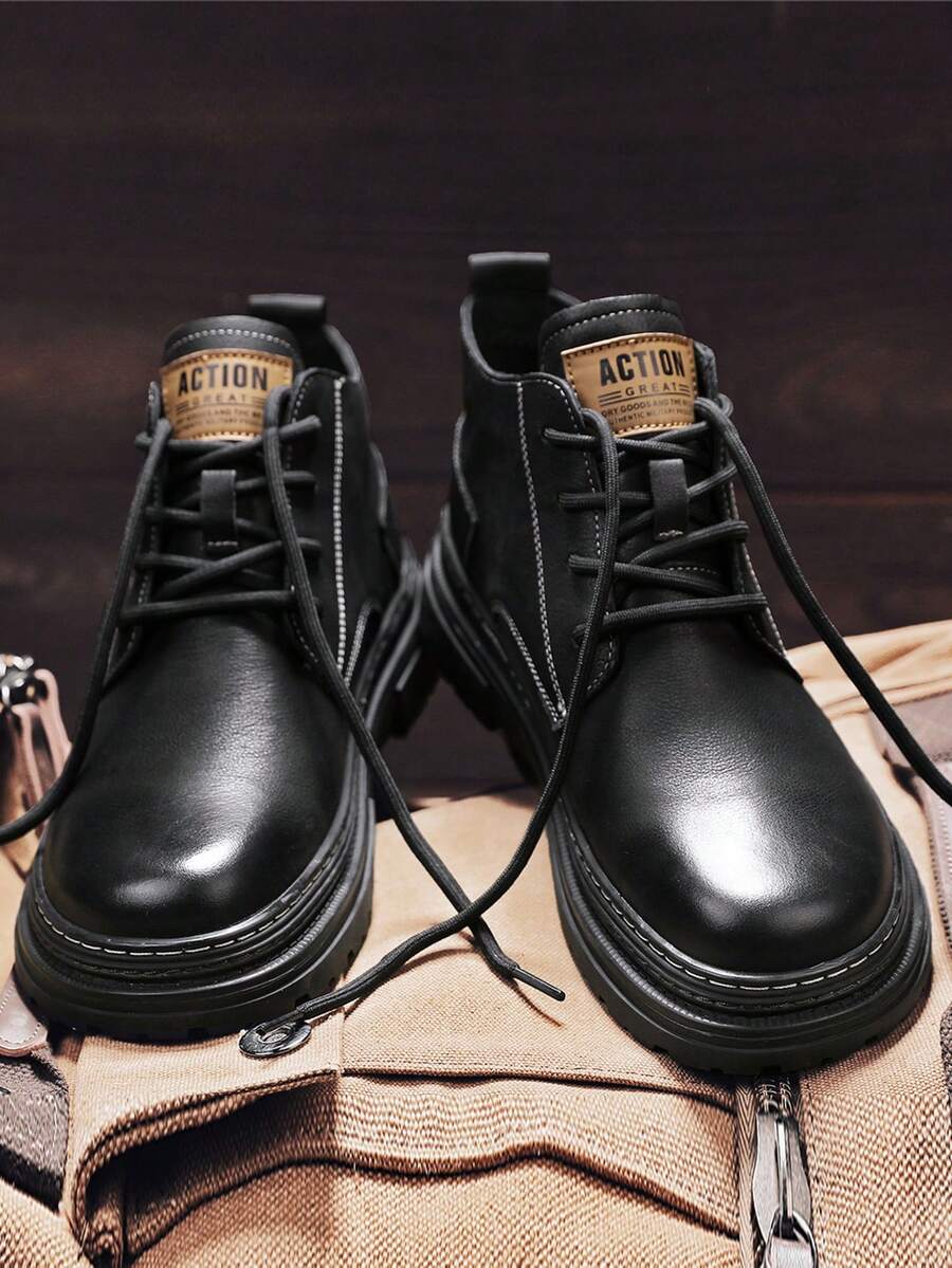 男士高帮真皮摩托靴，2024秋冬新款，厚底增高鞋适合办公室工作日常通勤，圆头高帮系带PU皮渐变色户外骑行男靴，PU皮防水防油复古英伦风软底舒适宽脚男士大码皮鞋 - 黑色 - 查看 1