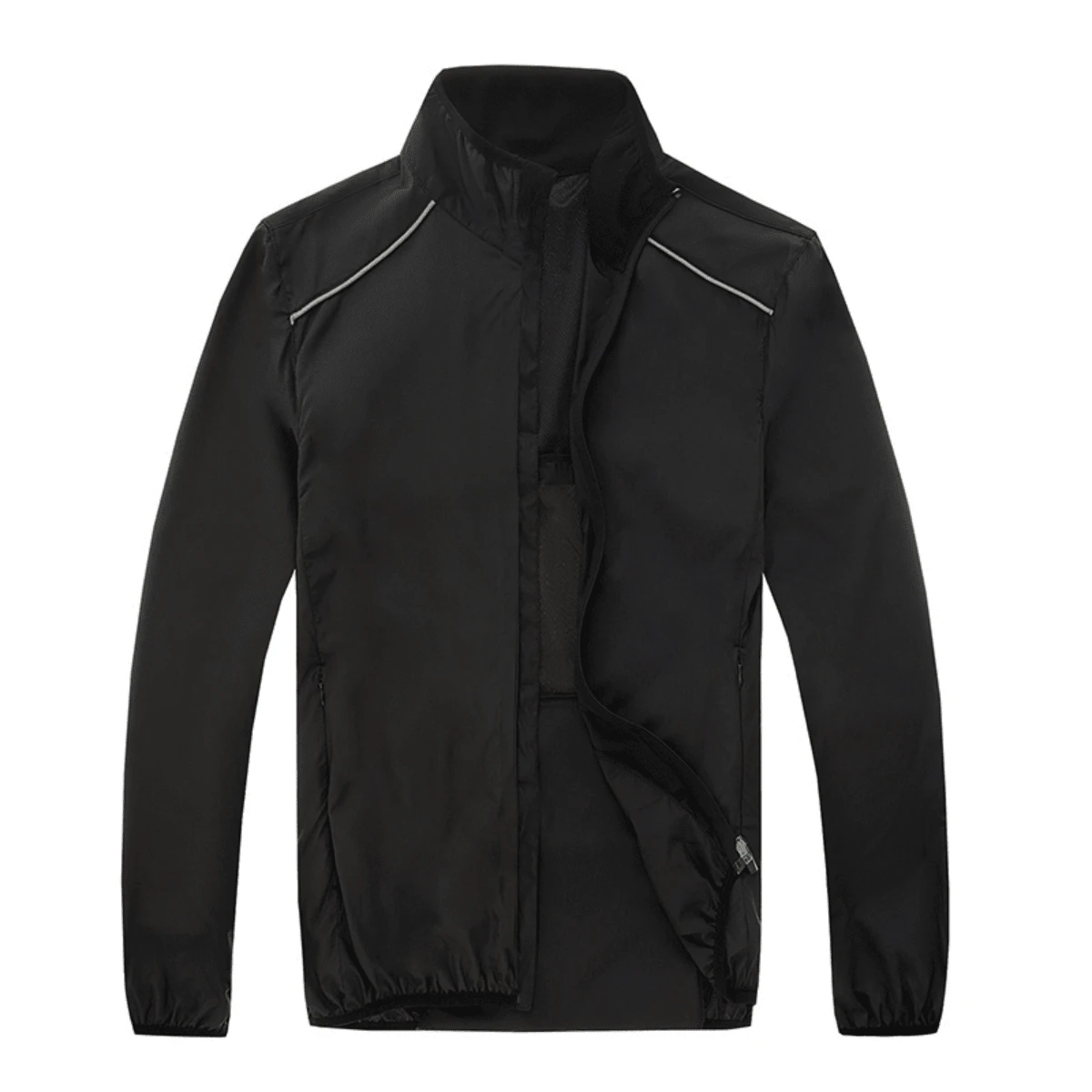 Reflective Water Resistant Windbreaker Jacket With Zipper Pockets Fitness Ideal For Cycling Hiking - Negro - Ver 1