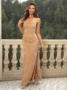 Joyfunear Women's Sequin Strap Criss Cross Open Back High Slit Dress - Gold - View 4