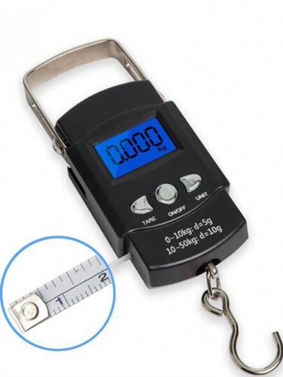 1pc Balança eletrônica portátil com régua para uso doméstico, balanças digitais multifuncionais de alta precisão penduradas com gancho, display LCD 50kg/110lbs balanças eletrônicas de pesca ferramenta de equilíbrio de peso, balança digital de bagagem 50kg/10g mala eletrônica pesa viagem gancho eletrônico de avião, balanças para compras viagem