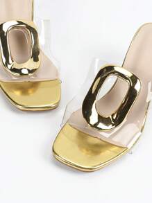 Frühlings-/Sommer-Modedamen-Sandalen mit goldfarbenen Knöpfen, transparentem Quadratzeh und dickem Absatz, bequemes Hohlabsatz-Design, geeignet für Partys, Treffen und Outdoor-Aktivitäten - Gold - Übersicht 7