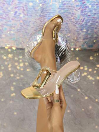 女士时尚金色纽扣透明方头粗高跟穆勒凉鞋，舒适镂空鞋跟设计，适合派对、聚会和户外活动