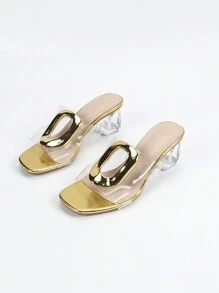 Frühlings-/Sommer-Modedamen-Sandalen mit goldfarbenen Knöpfen, transparentem Quadratzeh und dickem Absatz, bequemes Hohlabsatz-Design, geeignet für Partys, Treffen und Outdoor-Aktivitäten - Gold - Übersicht 8