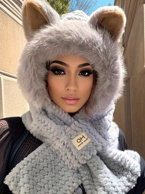 1 Peça, Chapéu Quente de Inverno, Cachecol, Acessórios 2 em 1, Formato de Animal Fofo, Cachecol Grosso e Elástico para Pescoço Quente, Orelhas de Personagem, Chapéu Felpudo de Pelúcia Feminino, Design de Animal Fofo, Opção de Presente Ideal para Acessórios de Inverno da Família e Amigos