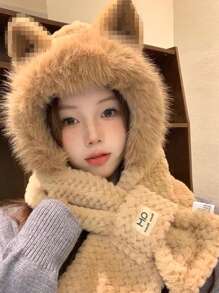 1 Peça, Chapéu Quente de Inverno, Cachecol, Acessórios 2 em 1, Formato de Animal Fofo, Cachecol Grosso e Elástico para Pescoço Quente, Orelhas de Personagem, Chapéu Felpudo de Pelúcia Feminino, Design de Animal Fofo, Opção de Presente Ideal para Acessórios de Inverno da Família e Amigos