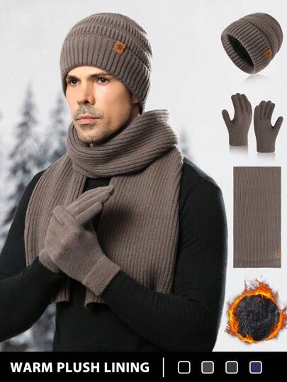 1-3 件/套男士冬季针织帽、围巾和触摸屏手套套装，厚保暖内衬，雪花图案，适合滑雪、旅行、骑自行车、驾驶、男士礼物、日常使用冬季配饰冬季服装