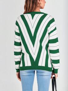 Women's Fashion Long Sleeve Striped Color Block Knitted Sweater Crew Neck Loose Pullover Jumper Tops - 綠色 - 查看 2