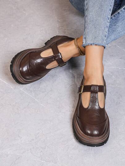 Women's New Fashion Thick Heel High Heel Loafers, High-Quality Genuine Leather Shoes, French British Style Mary Jane Shoes, Metal Buckle, Round Toe, Non-Slip Sole, Retro Style Loafers, New College Style Business Casual Flat Shoes, Brown