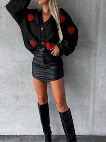 Áo khoác cardigan nữ tay phồng họa tiết dâu tây ngọt ngào, dịu dàng, thời trang Thu/Đông mới - màu đen - Xem 5