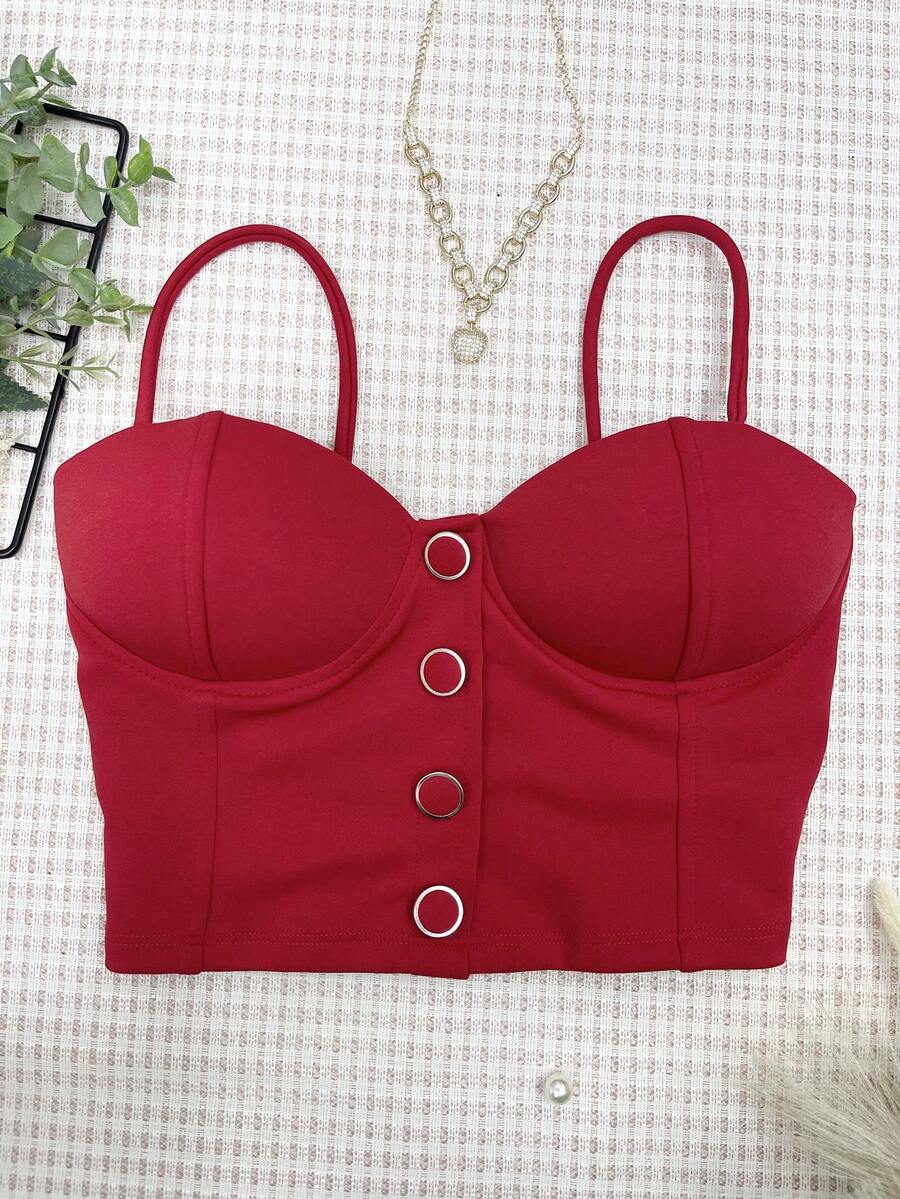 Plaid Cropped Top With Padding - 單色紅 - 查看 1