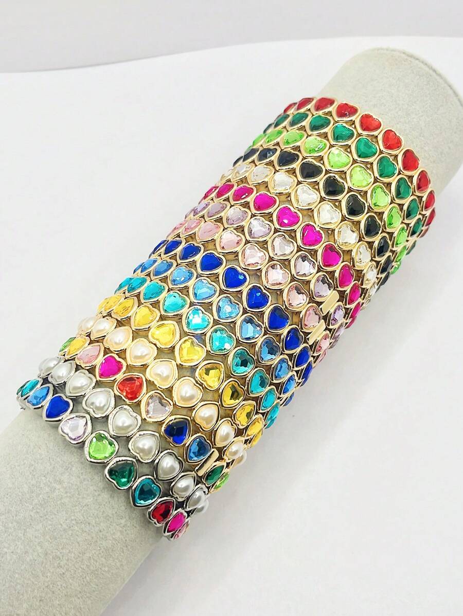 时尚跨境心形弹力手链女士彩色手镯情人节礼物情人 - 鑲鑽桃心手鍊 - 查看 1