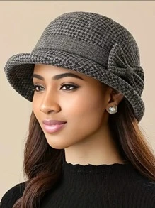 Elegante sombrero tipo balde con decoración de lazo y bloques de color, sombrero tipo balde casual para exteriores, deportes, cálido y cortavientos con ala ancha, sombrero mini para fiesta en invierno y otoño - Multicolor - Ver 9