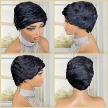 4 英寸短款精灵短发假发，带刘海，雷米真人发，全机织无蕾丝帽假发