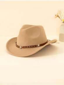 1pc Unisex Children Star Leather Decor Canvas Cowboy Hat, Western Style Retro Cap, 4 Season Accessory With Detachable Cord, Suitable For Casual, Outdoor, Party - Star Leather Brown - View 24
