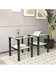 Set Of 2, Glass Two Layer Tea Table, Small Round Table, Bedroom Corner Table, Living Room Side Table,White - 透明+強化玻璃-1 - 查看 3