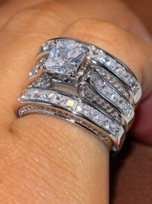 3 Pcs/Set Luxury 925 Sterling Silver Cubic Zirconia Rings Wedding Jewelry For Women Fine Jewelry Valentine's Day Gift - 1# - View 6