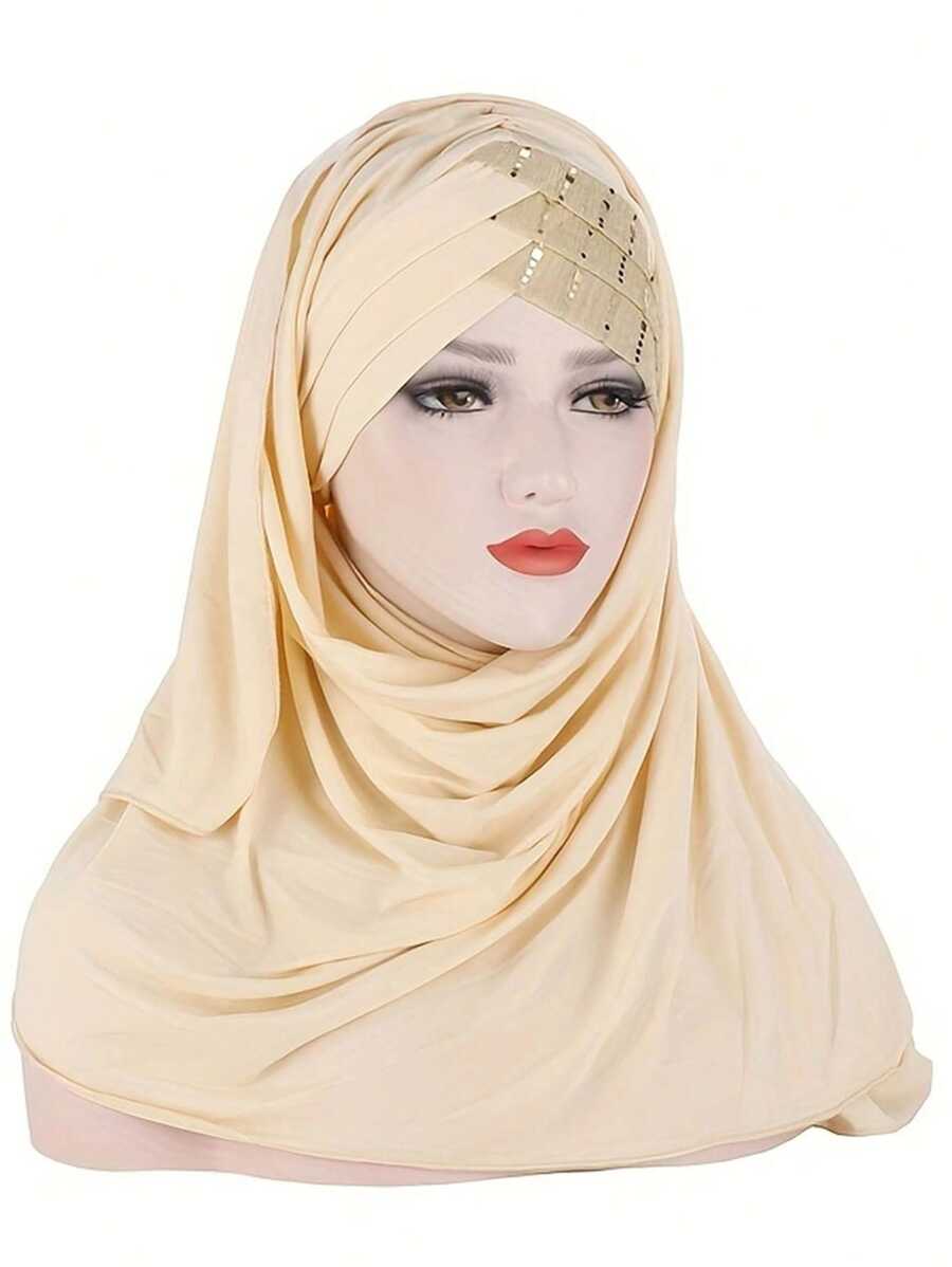 1 Peça Faixa de Cabeça de Seda Multicolorida Sólida para Mulheres Nova, Lenço Hijab de Seda Leitosa com Lantejoulas para Uso com Roupas com Véu