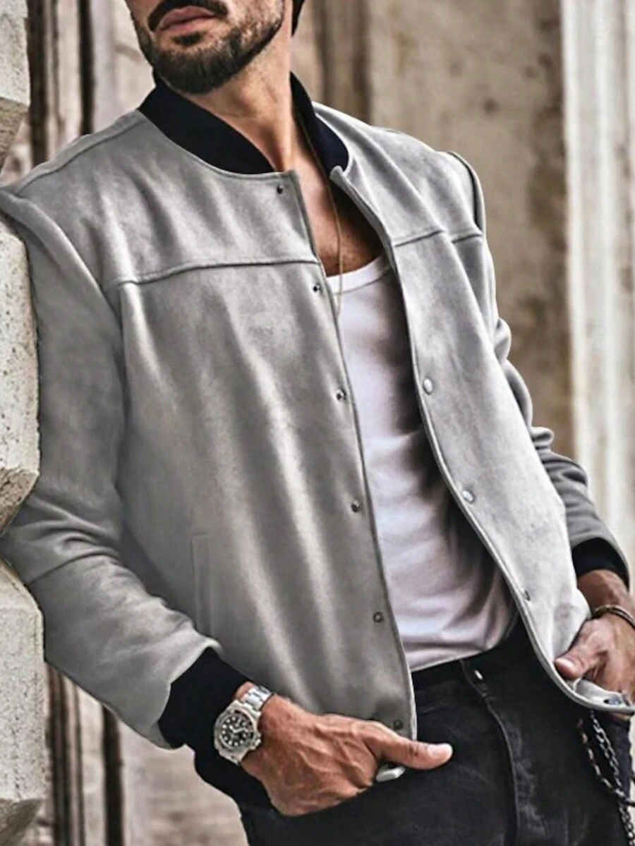 Men's Casual Suede Jacket - Light Grey - View 1