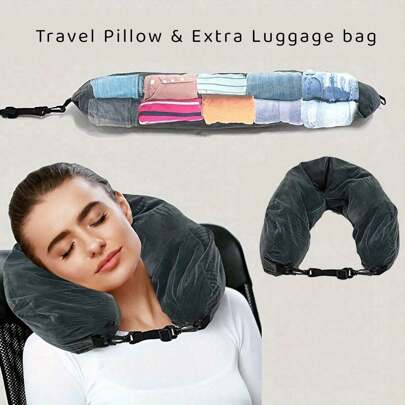 AWixylon 1 件符合人体工程学的旅行颈枕，带储物袋 - 可容纳 2-3 天的衣服并节省超重行李费，可调节大容量设计，适用于飞机火车车厢，柔软涤纶舒适紧凑便携旅行必需品旅行配件假期暑假返校