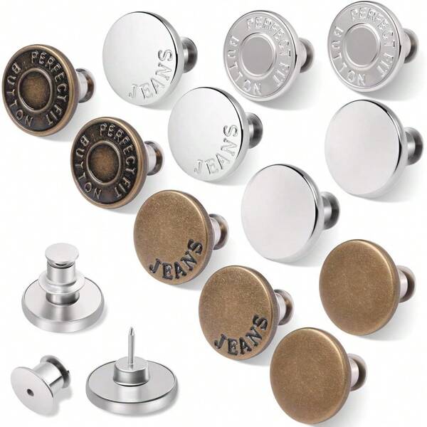 6/12 Pcs Button Pins For Loose Jeans Pants, No Sew And No Tools Perfect Fit Jean Button Tightener Replacement Adjustable Reusable Metal Clips Snap Tack, Instant Reduce Too Big Pants Waist