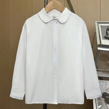 女童经典白色领口长袖衬衫，适合秋季，圆领学生常规衬衫，校服 - 白色 - 查看 1