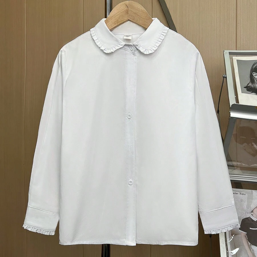 女童经典白色领口长袖衬衫，适合秋季，圆领学生常规衬衫，校服 - 白色 - 查看 1