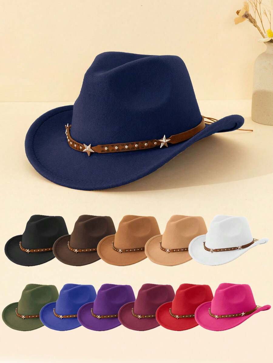 1pc Unisex Children Star Leather Decor Canvas Cowboy Hat, Western Style Retro Cap, 4 Season Accessory With Detachable Cord, Suitable For Casual, Outdoor, Party - Star Leather Brown - View 1