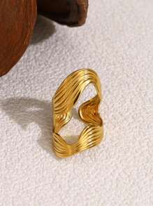 1pc Fashionable Titanium Steel Ring For Women, 18K Gold Plated, Asymmetrical Design, Tarnish Resistant - Yellow Gold - View 2