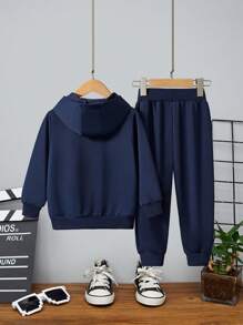 Young Boy Hooded Sweatshirt And Pants Set, Solid Color, Autumn And Winter, 2pcs - Navy Blue - View 2