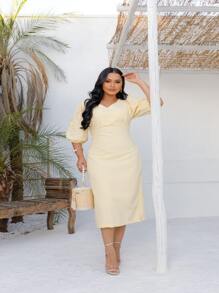 Women's Linen Embroidered Midi Dress Puff Sleeve Elegant Social Party Dress - Màu vàng - Xem 1