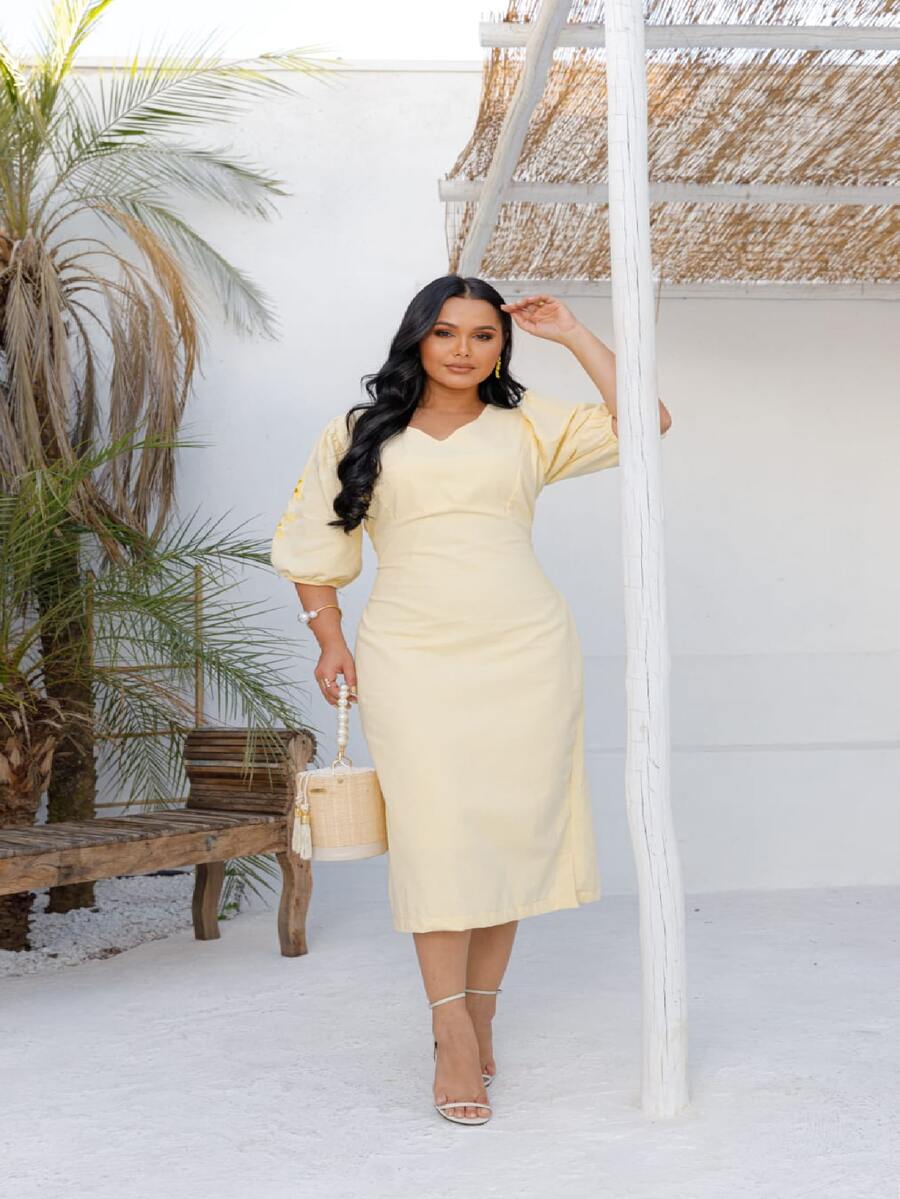 Women's Linen Embroidered Midi Dress Puff Sleeve Elegant Social Party Dress - Màu vàng - Xem 1