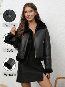 RELISH NOLESS Women's Casual Faux Fur Leather Jacket, Suitable For Daily Wear And Halloween, Autumn/Winter - Black - View 5