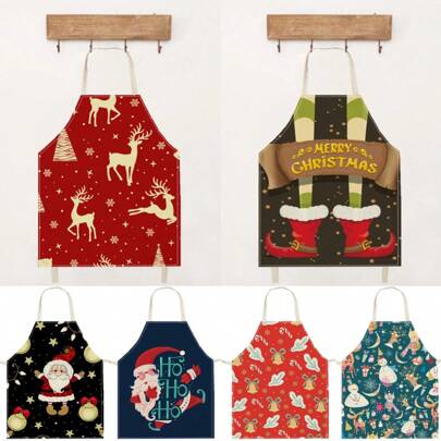 1 Stück Weihnachtsrentier, Weihnachtsmann, Glocke & Schneemann bedruckter Leinenschürze, kreative, lustige, modische bedruckte Haushaltsschürze, wasserdicht, ölbeständig, leicht zu reinigende Koch- und Backschürze, Haushaltsschürze, Arbeitsuniform