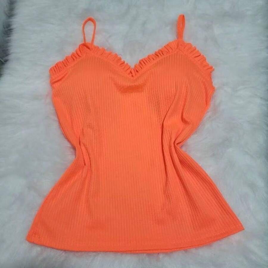 Women's Tank Top With Ruffled Straps And Ribbed Pads - 橘色 - 查看 1