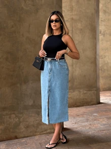 The Lemon 8156 Women's Denim Skirt With Shine With Pocket Plain Without Rips Youth Natural Shorts Women With Bags 8156 - 中等水洗藍 - 查看 3