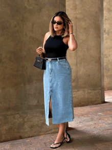 The Lemon 8156 Women's Denim Skirt With Shine With Pocket Plain Without Rips Youth Natural Shorts Women With Bags 8156 - 中等水洗藍 - 查看 4