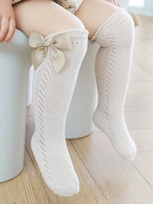 1 Pair Girls' Bow Knitted Ruffle Top Tall Socks, Breathable & Mosquito-Proof - White - View 3