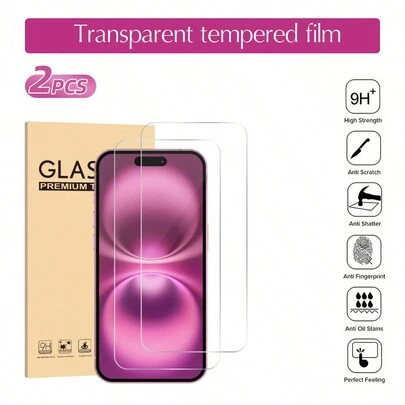 2片装全屏透明钢化玻璃屏幕保护膜，兼容 17/17 Pro/17 Pro Max/17 Air/16 Pro Max/16/16e/14/15 Pro Max/13/12/11，高清防刮钢化玻璃