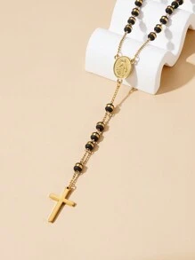 1pc 6mm Gold & Black Virgin Mary Stainless Steel Rosary Necklace, European & American Style Cross Pendant, Suitable For Couples Everyday Wear
