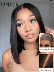 UNice 7x5 Bye Bye Knots Lace Closure Silk Straight Bob Glueless Wigs Short Bob Wig Pre Cut Lace Front Wigs Human Hair Pre Bleached Put On And Go Lace Wig Pre Plucked 150% Density - SNatural - 查看 4