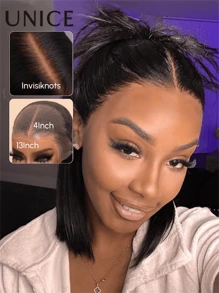 UNice 7x5 Bye Bye Knots Lace Closure Silk Straight Bob Glueless Wigs Short Bob Wig Pre Cut Lace Front Wigs Human Hair Pre Bleached Put On And Go Lace Wig Pre Plucked 150% Density - SNatural - 查看 2