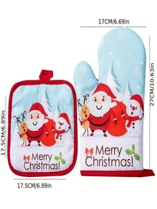 2 件圣诞主题耐热烤箱手套、隔热锅垫、防滑握把表面和环、厨房配件、圣诞装饰、礼物、圣诞节