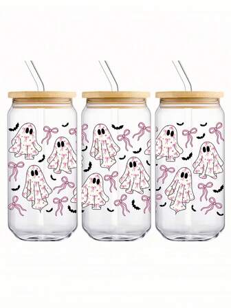 Taza de café de vidrio de 550ml con diseño de lazo y flores, con tapa sellada de bambú y pajita, adecuada para Navidad, Halloween, mujeres, hogar, oficina, para café, té, cerveza, jugo, bebidas calientes y frías, batidos, etc.