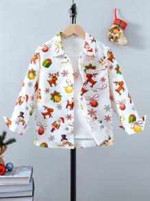 Tween Boy Santa Claus And Reindeer Pattern Long Sleeve Turndown Collar Shirt, Fashionable Casual Christmas Gift