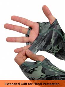 RIIIPO 男士 UPF 100+ 高性能户外防晒连帽衫，配备紫外线检测技术、按扣闭合、加长长袖钓鱼衬衫、迷彩印花、集成超细纤维镜头清洁剂、快速排汗、快干、透气、四向拉伸、额外手部保护、夏季和秋季运动服、适合徒步旅行、骑自行车、水上运动和所有户外活动的防晒衬衫 - 橄欖綠 - 查看 6