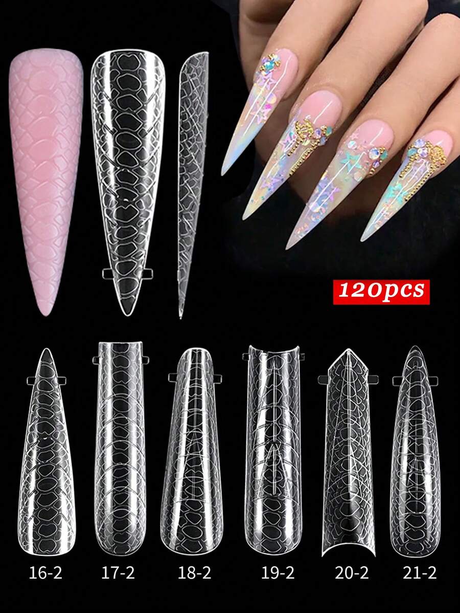 1入組帶圖案水晶指甲藝術模具，不需紙托快速光療延伸指甲片，每盒120入 - 無色 - 查看 1