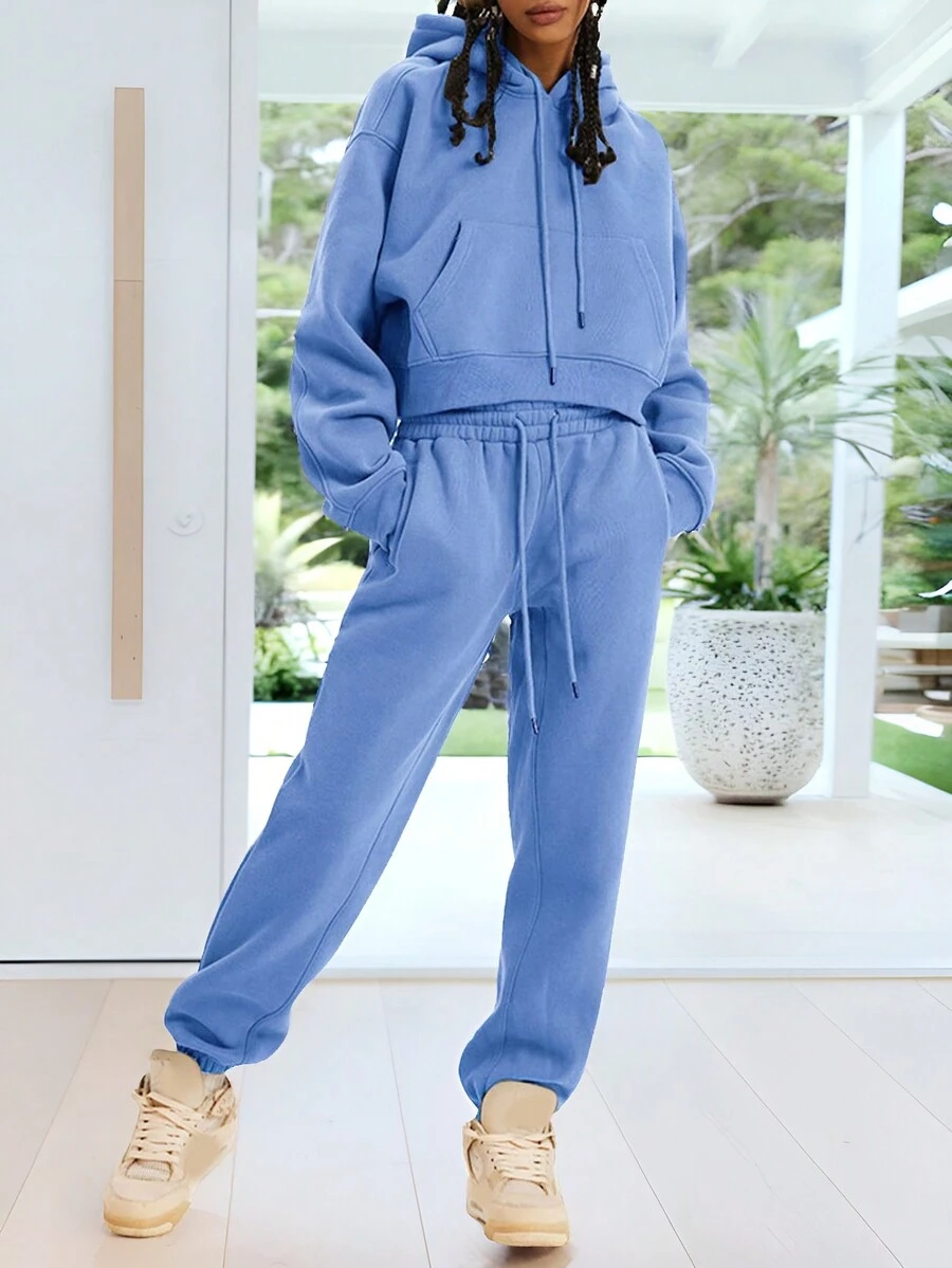 2 Unids/Set Mujer Trajes Capucha Térmica Con Bolsillo De Canguro Con Cordón Con Pantalones Deportivos Navidad Ropa Mujer - Azul - Ver 1