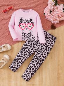 2pcs/Set Young Girl Cartoon Animal Printed Long Sleeve T-Shirt And Pants Comfortable Outfit - Pink - View 1